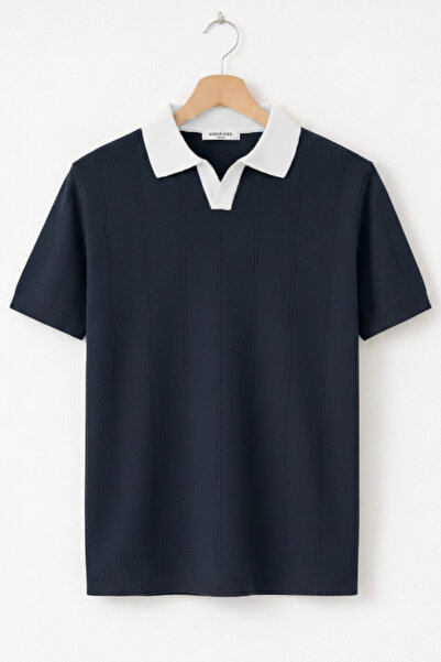 Edwox Tricou pentru bărbați Yaka cu model Tricotaj, albastru marin Cd165