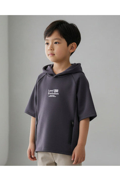 REDTAG Boys Charcoal Hooded Short Sleeve T-Shirt