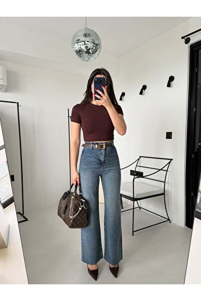Bade Butik Mavi Taşlanmış Ultra Yüksek Bel Pensli Kemerli Jean