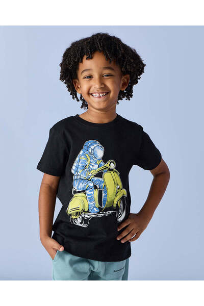 REDTAG Boys Black Printed T-Shirt