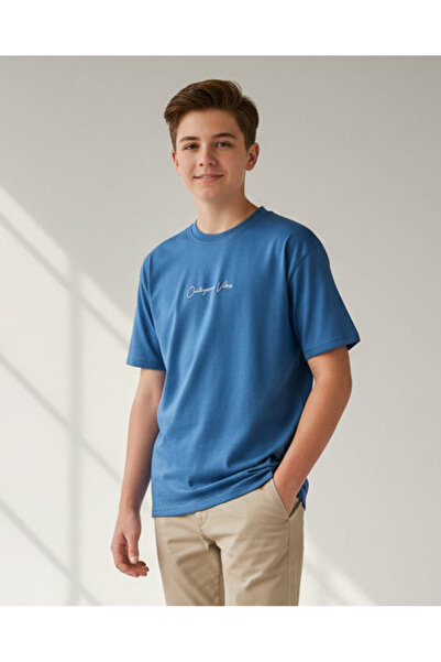 REDTAG Senior Boys Petrol Blue Contemporary Graphic Oversized T-Shirt