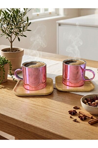 AiroBazar Pink 2-Piece Borosilicate Cup Set with Square Bamboo Coasters – Hea...