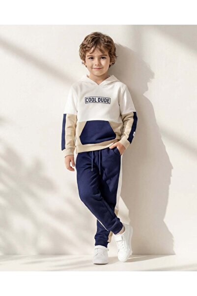 REDTAG Boys White And Navy Printed Hooded Jogset