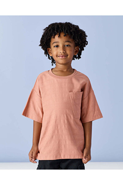 REDTAG Boys Junior Coral Jaquard Stripe Loose Fit T-Shirt