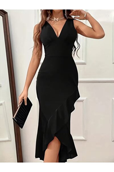 kendim fashion Women's Strappy V-Neck Front Ruffled Long Imported Crepe Dress