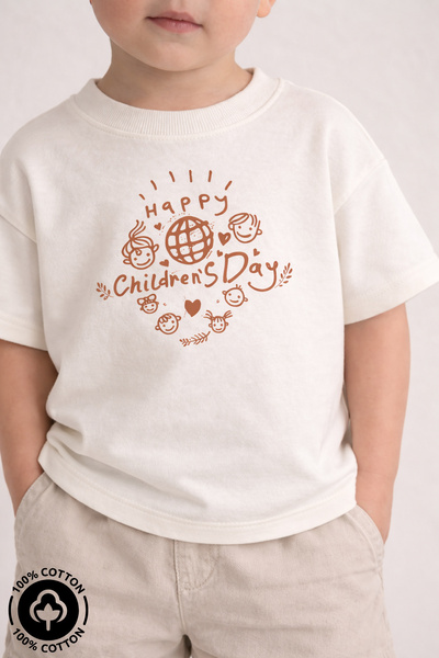 Miniel Unisex Bisiklet Yaka 23 Nisan Baskılı %100 Pamuklu Oversize T-shirt Bebek-Çocuk