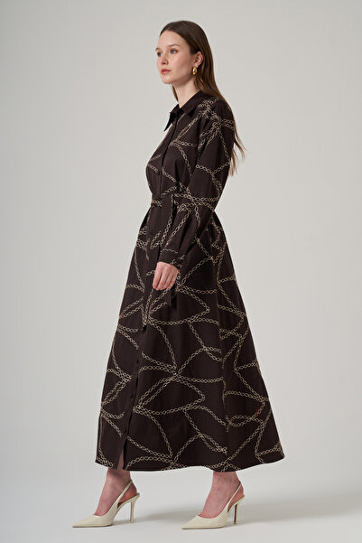 Nuss Buttoned Front Sequin Detailed Belted Dress 2044 Brown