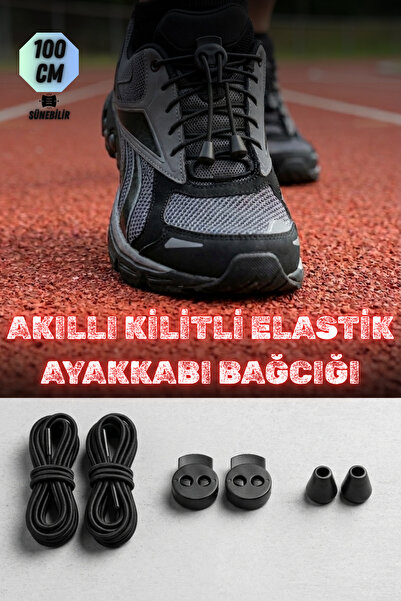 Onur Akıllı Kilitli Lastik Ayakkabı Bağcığı Elastik Bağcık 100 Cm Siyah