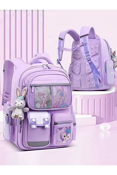 Denostore Kız Çocuk İlkokul Mor Çok Bölmeli Tavşan Peluşlu Okul Çantası