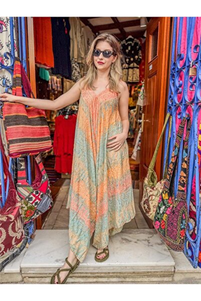 Miss Boheme Turuncu Renk Şal Desenli Gold Detaylı İpek Tulum
