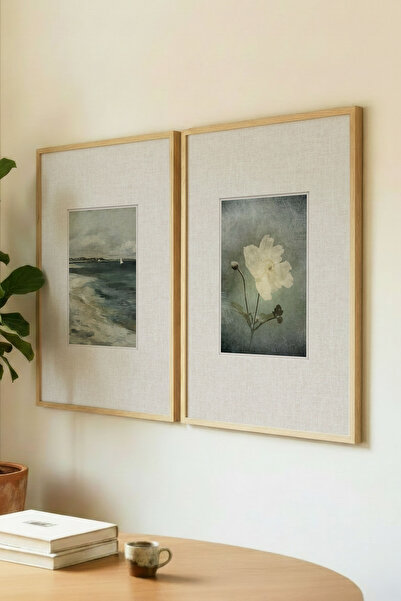 Zevahir Home 2 Pieces of Vintage Paintings with Natural Wooden Frames, Sea and White Flowers