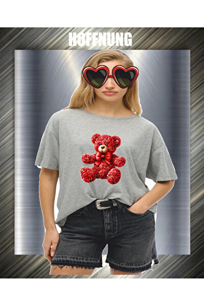 HOFFNUNG Unisex Short Sleeve Round Neck Red Rose Bear Printed Solid Color Tshirt