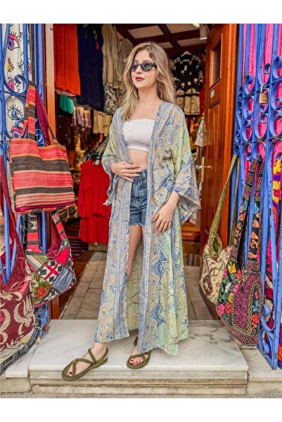Miss Boheme Mavi Renk Şal Desenli Gold Detaylı İpek Kaftan