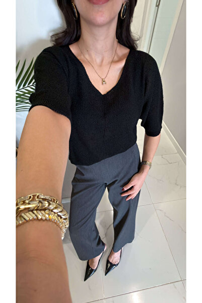 BİRCANÇİL Bluză tricotată neagră Hunra cu jumătate de mânecă