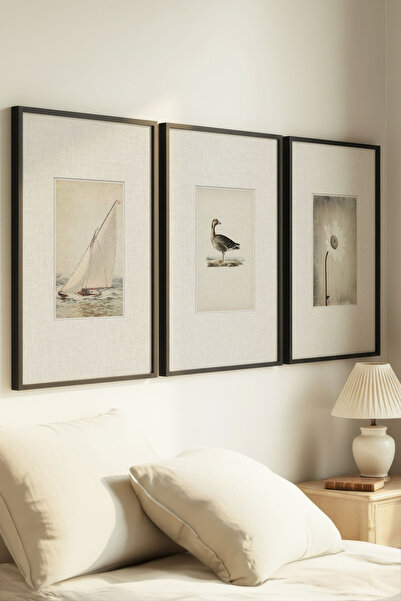 Zevahir Home 3 PIESE TABLURI VINTAGE CU RAȚĂ CU BARCA ȘI FLORI ALBE, ÎN CADRU...