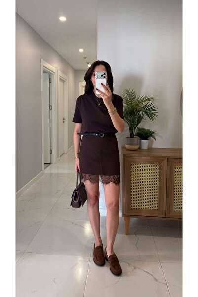 BİRCANÇİL Hertans Kahve Δαντέλα Λεπτομερής σορτς φούστα Ζώνη τεμαχίων