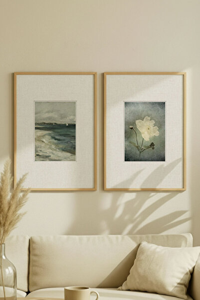 Zevahir Home 2 Pieces of Vintage Paintings with Natural Wooden Frames, Sea and White Flowers