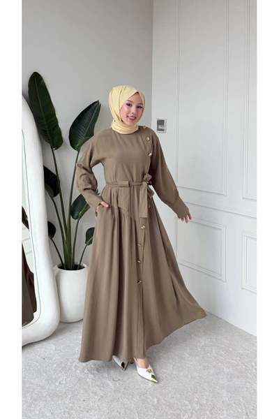 Butik Haki Modal Kumaş Kuşaklı Düğmeli Elbise Modelimiz