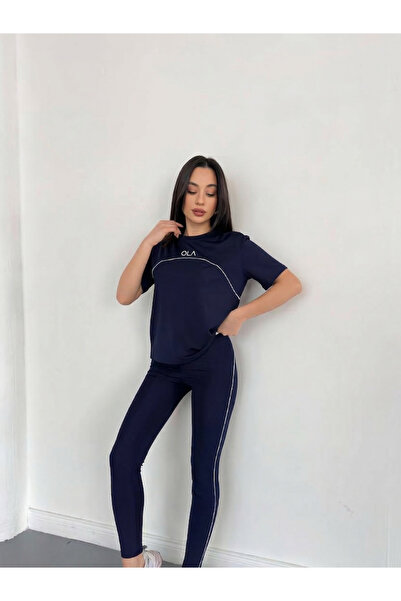 TrendButikBurada تي شيرت مخطط بأكمام قصيرة وبنطلون ضيق عالي الخصر طقم رياضي م...