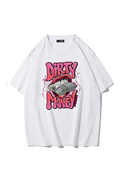 BRZ COLLECTION Unisex supradimensionat Dirty Money tricou (ALB)