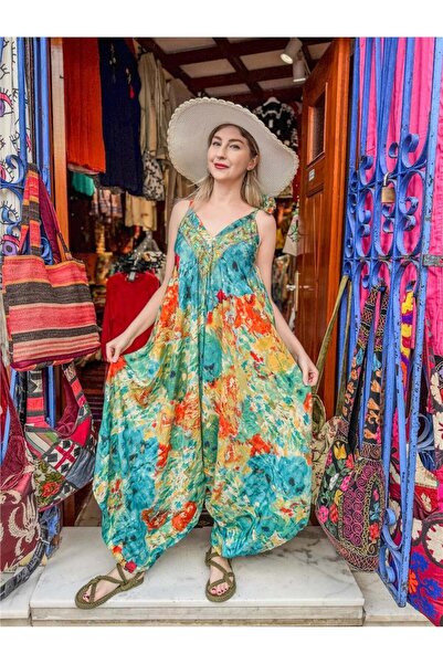 Miss Boheme Yeşil Renk Fırça Desenli Gold Detaylı İpek Tulum