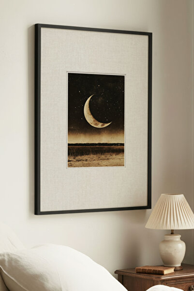 Zevahir Home 1 BUC TABLURĂ VINTAGE LUNĂ SEMILUNĂ CU RAMĂ NEAGRĂ DIN LEMN