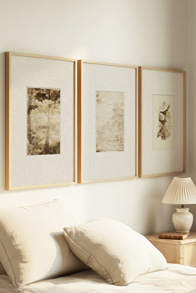 Zevahir Home 3 Pieces of Natural Wood Framed Antique-Like Nature and Bird Vin...