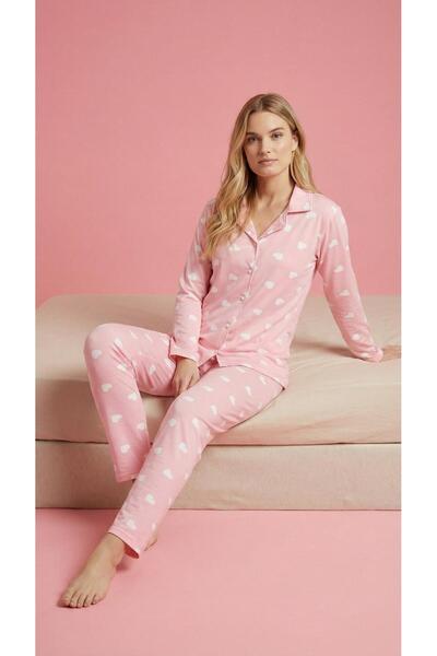 MEBA Women's Buttoned Ribbed Knitted Long Sleeve Seasonal Pajama Set