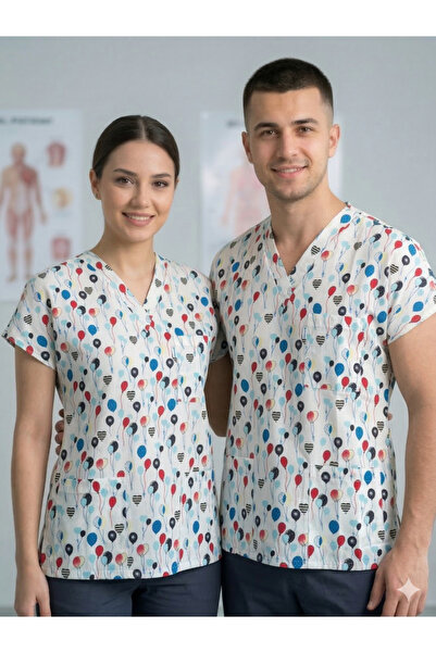 temex DESENLİ FORMA TEK ÜST BALON DESENLİ HEMŞİRE DOKTOR ÜNİFORMA SCRUBS BEYA...