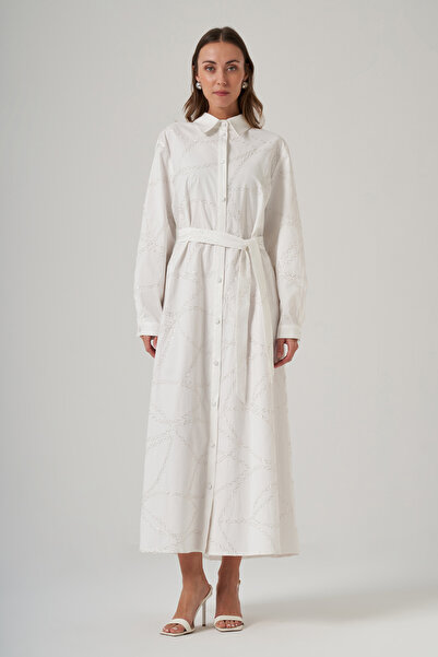 Nuss Buttoned Front Dress with Sequin Detail and Belt 2044 Ecru