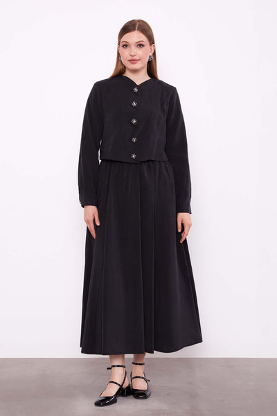 Lale Butik Zigzag Detail Front Tunic Skirt Set 100770 Black