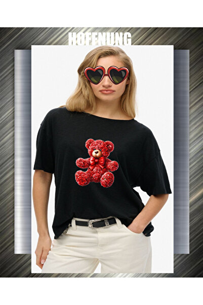 HOFFNUNG تيشيرت للجنسين بأكمام قصيرة وياقة دائرية مطبوع عليه دب وردي أحمر بلو...