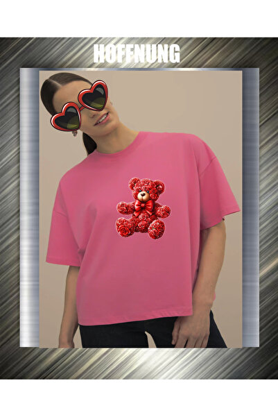 HOFFNUNG Unisex Short Sleeve Round Neck Red Rose Bear Printed Solid Color Tshirt