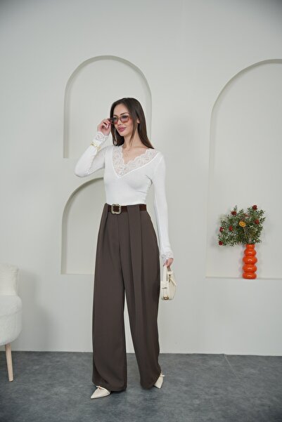 sahraozluk Bridge Detailed Belt Li Palazzo Pants Coffee Color
