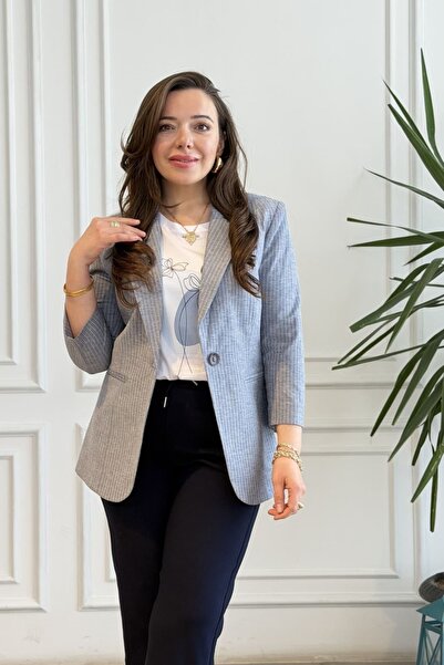 yb yağmur butik Single Button Detailed Striped Blazer Jacket