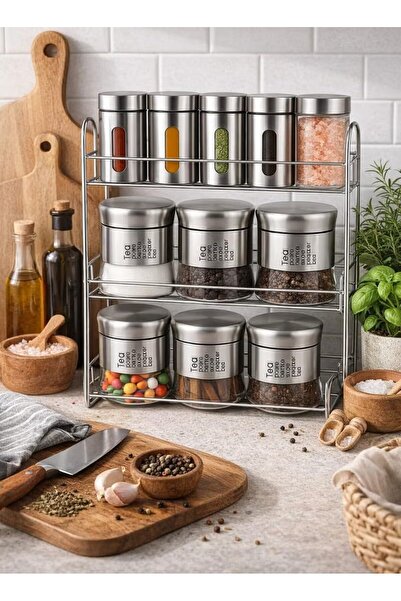 TOSHIONICS 12-Piece Glass Spice Jar Rack Set with 3-Layer Stainless Steel Rac...