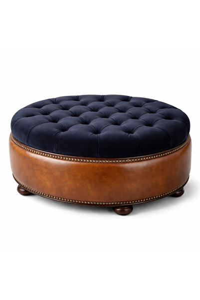 THE IVY CONCEPT STORE NOBLE SADDLE Lacivert Kadife ve Taba Deri Yuvarlak Puf