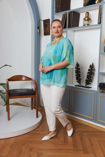 RMG Batik Print Pleated large size chiffon blouse green