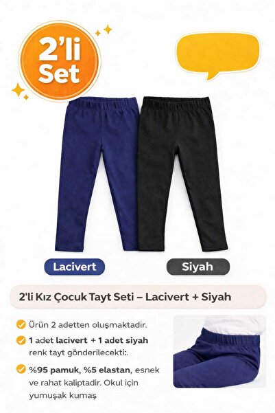 Neon 2 li Kız Çocuk Tayt %95 Pamuk % 5 Elastan Lacivert Tayt Siyah Tayt 1/2/3...