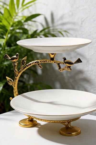 Elta Collection Gold Bird Detailed 2-Tier Porcelain Serving Plate, Decorative...