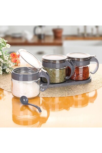Twin Store Gray 3-Piece Glass Air-Tight Spice Rack Set with Stand, Lid and Sp...