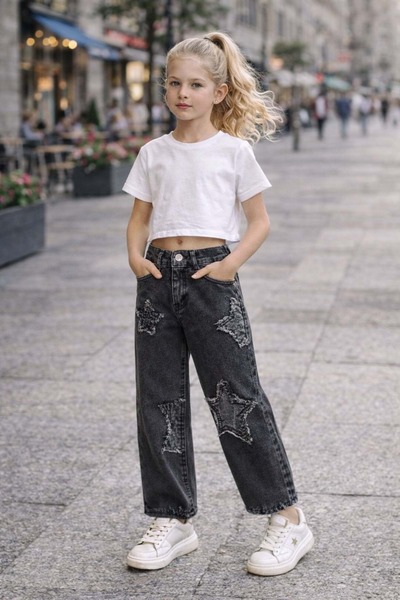 ibeeka Blugi negri cu detalii stelare - Pantaloni din denim cu aspect uzat - ...