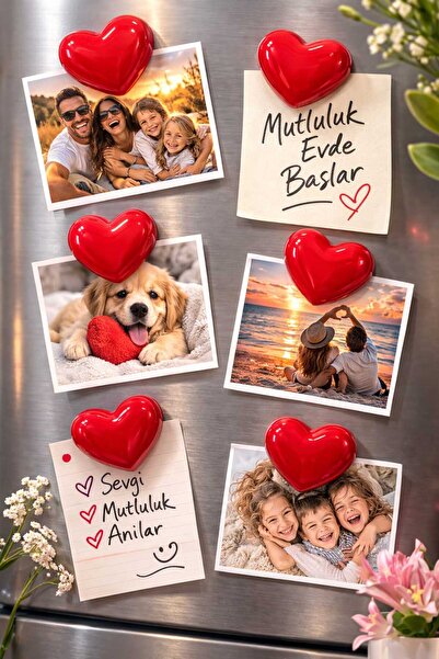 Hobicini 6'lı Buzdolabı Süsü Kalp Desenli Kırmızı Magnet, Mıknatıslı Fotoğraf...