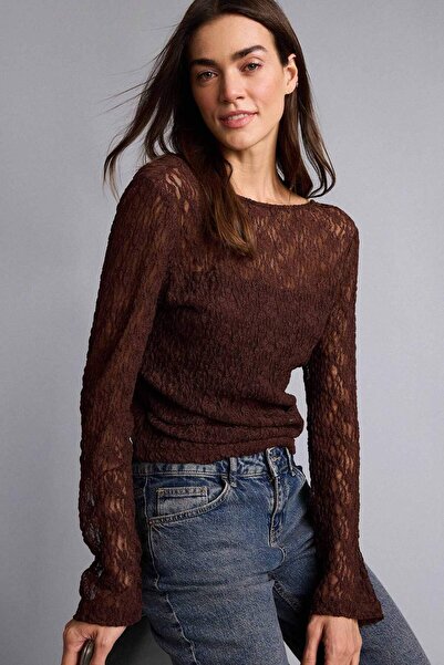 DeFacto Fitted Kayık Yaka Lace Long Sleeve Blouse G1743Ax26Sp
