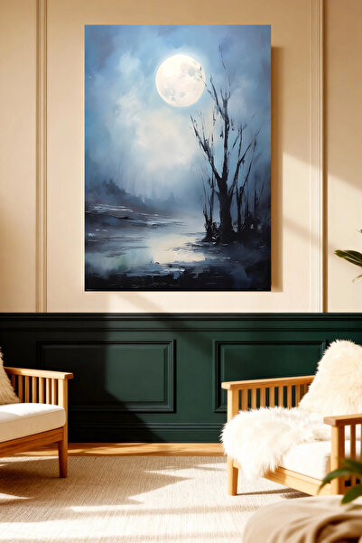Mushen Studio Full Moon Lonely Tree Night Landscape Canvas Painting Solvent P...