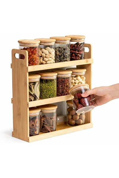 TOSHIONICS 12-Piece Spice Jar with Bamboo Rack Organizer – 3-Tier Countertop ...