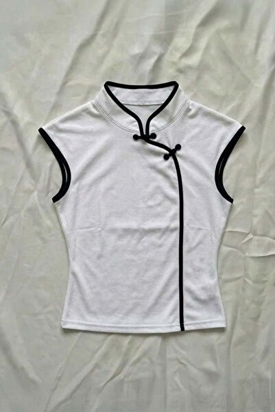 Köstebek Bela mandarinska kragna, crna pruga, Qipao Y2K, kratki rukav Skraćen...