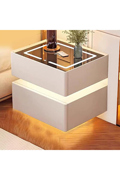 KEKE طاولة جانبية عصرية للسرير مزودة بمرآة LED، وإضاءة استشعارية، وشحن لاسلكي...