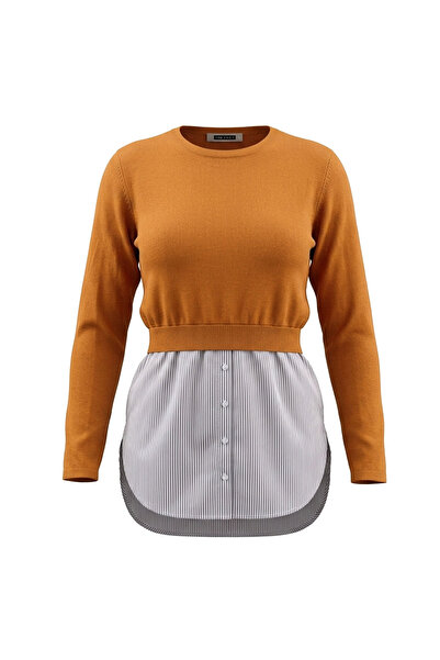 Tığ Triko Women's Striped Shirt Detailed Knitwear Tunic - Mustard