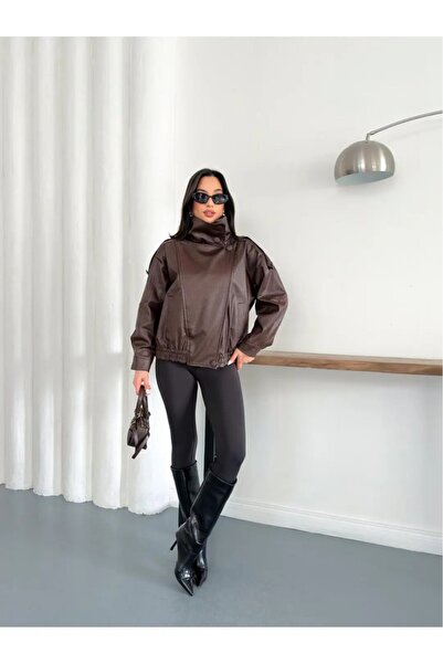 mylunessa Zra Boğazlı Kahverengi Düğmeli Oversize Suni Deri Ceket